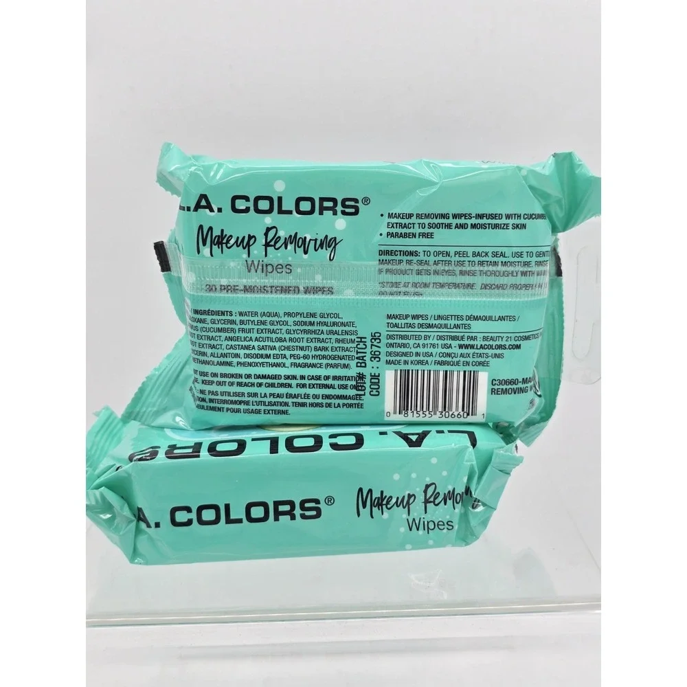 3 Pack L.A. COLORS‎ MAKEUP REMOVING WIPES 30CT C30660 Cucumber Extract